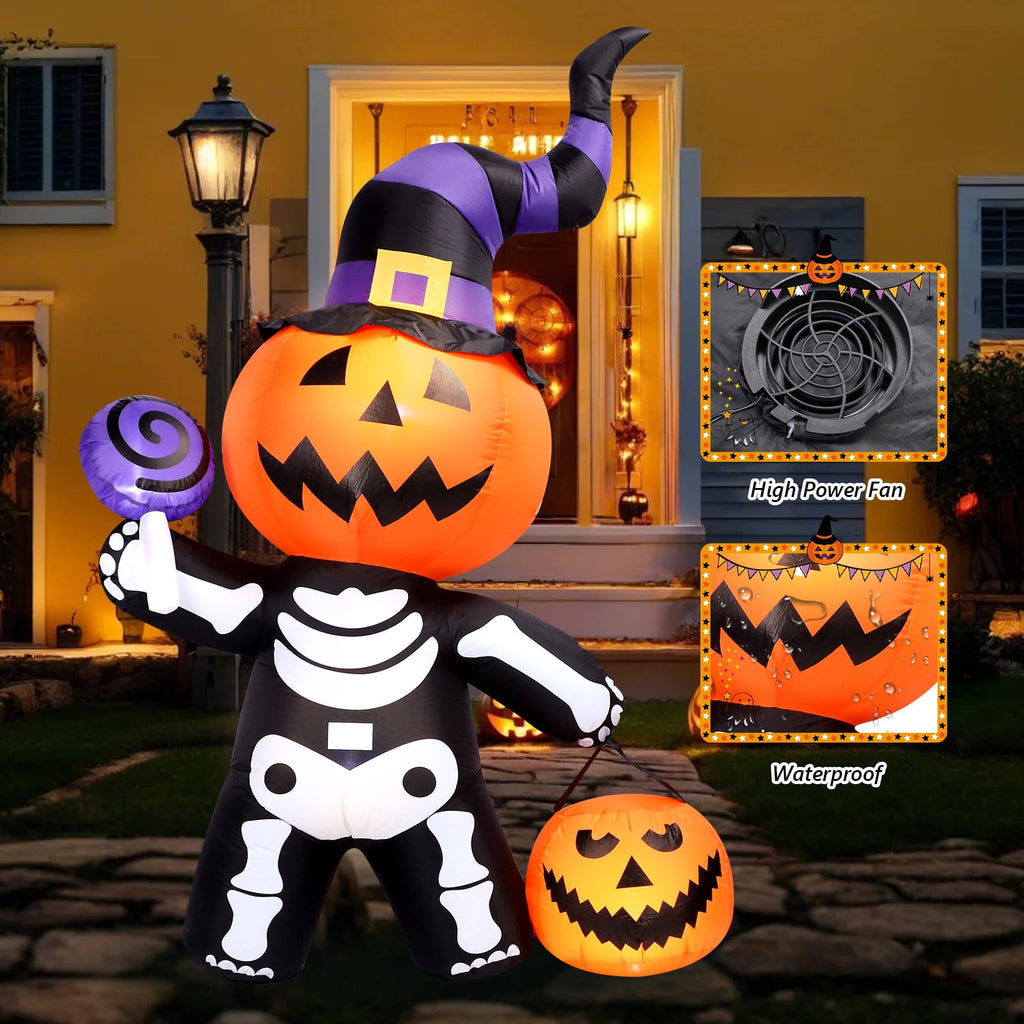 Halloween Inflatables Outdoor, 8FT Long Cute & Lighted Blow Up Decoration Pumpkin Family with Witch Hat, Large Halloween Inflatables Decorations with Lights for Yard, Holiday, Home
