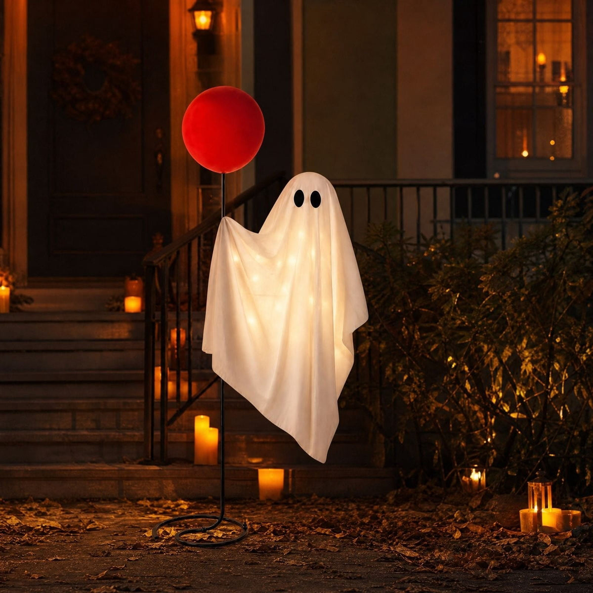 CHJK Halloween Decorations Outdoor, 6Ft Life Size Light up Ghost with Red Inflatable Balloon, Lighted Standing Halloween Porch Decoration with Metal Stand for Front Door, Yard, Lawn, Patio