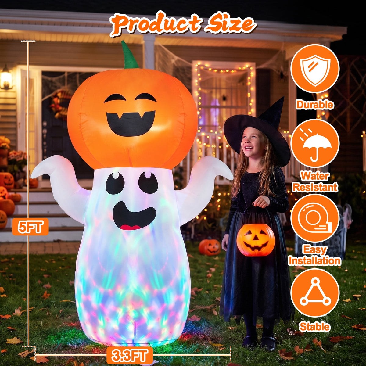 GVDV 5Ft Halloween Inflatables Pumpkin Ghost Decorations with 360° Rotating Colorful LED Lights, Halloween Blow Ups Indoor/Outdoor Decor for Party, Yard, Lawn