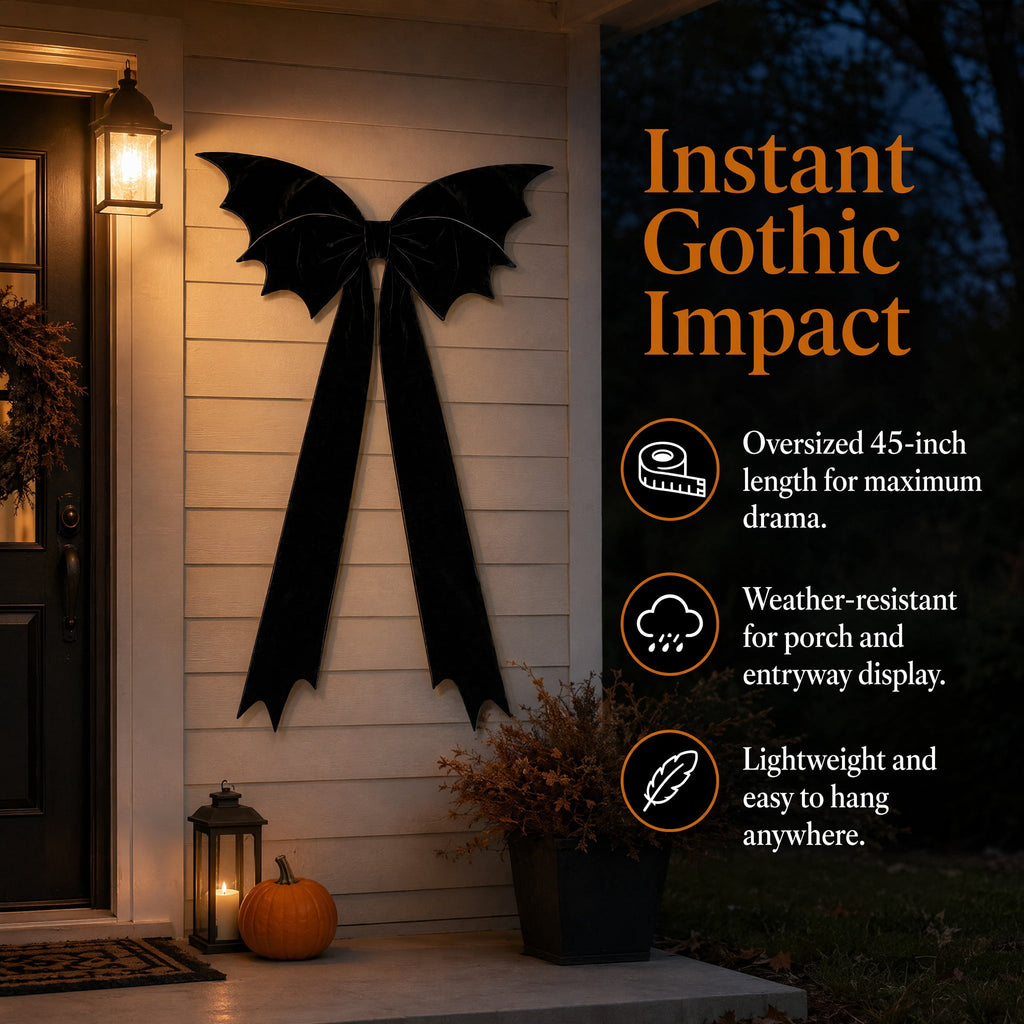 Halloween Decor, Black Bow, Giant Velvet Halloween Bow, Black Bat Wing Decor, Spooky Gothic Tree Topper for Front Door Wreath Suitable for Hanging on Doors and Fireplaces