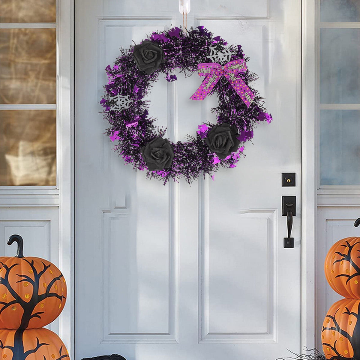 Fankiway Halloween Wreaths for front door, Halloween Black Flower Wreath Wall Door Hanging Festival Party Decor, Halloween Outdoor Wreath, Halloween Decorations