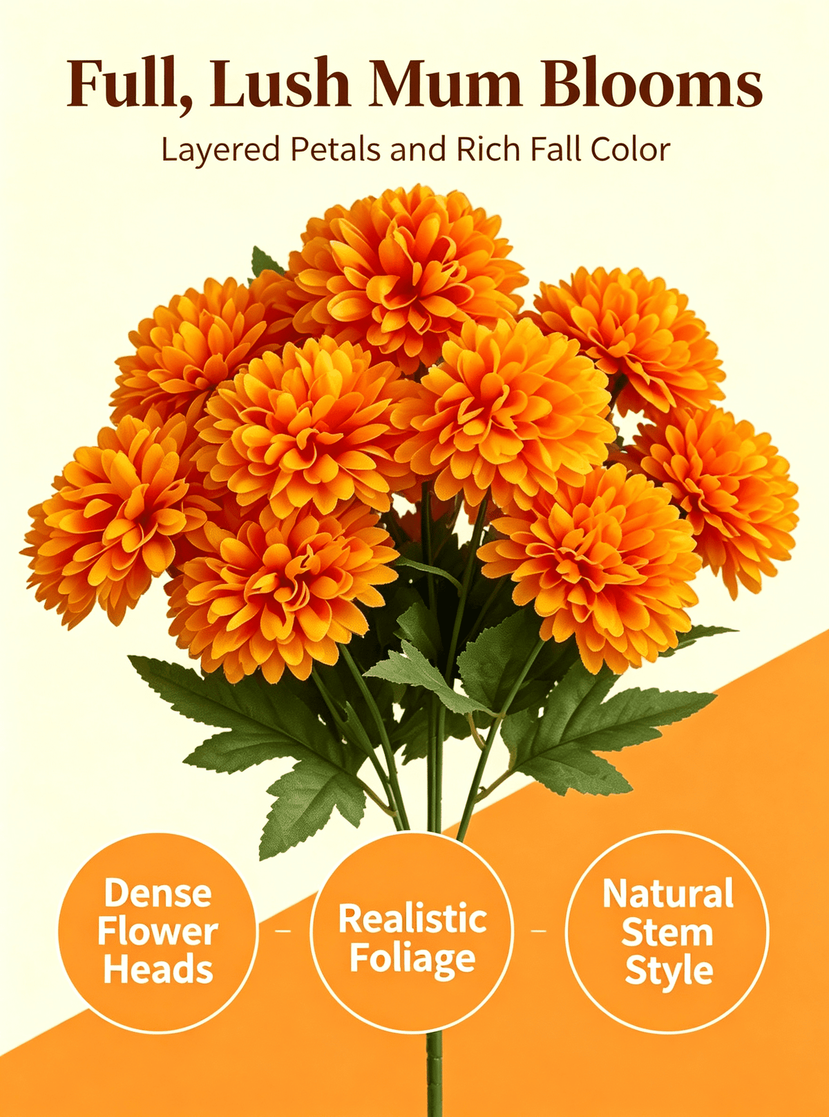 1Pack Faux Fall Mums for Outside Artificial Mums Outdoor Clearance Chrysanthemum Bush Silk - Orange Fall Decorations for Home Fall Wedding Flowers