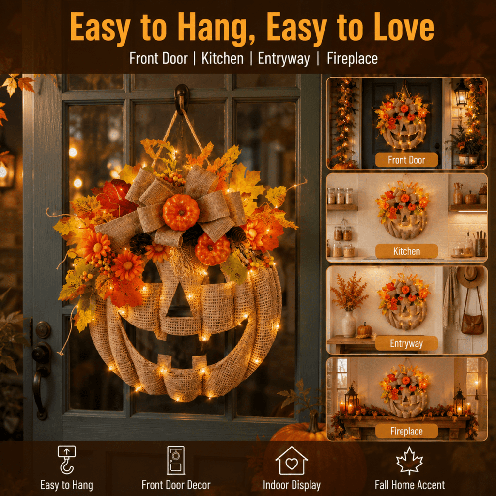 Lighted Burlap Pumpkin Wreath with Remote Control 🎃✨ Cozy Fall Door Decor with 8 Light Modes & Warm LED Glow Halloween Decor
