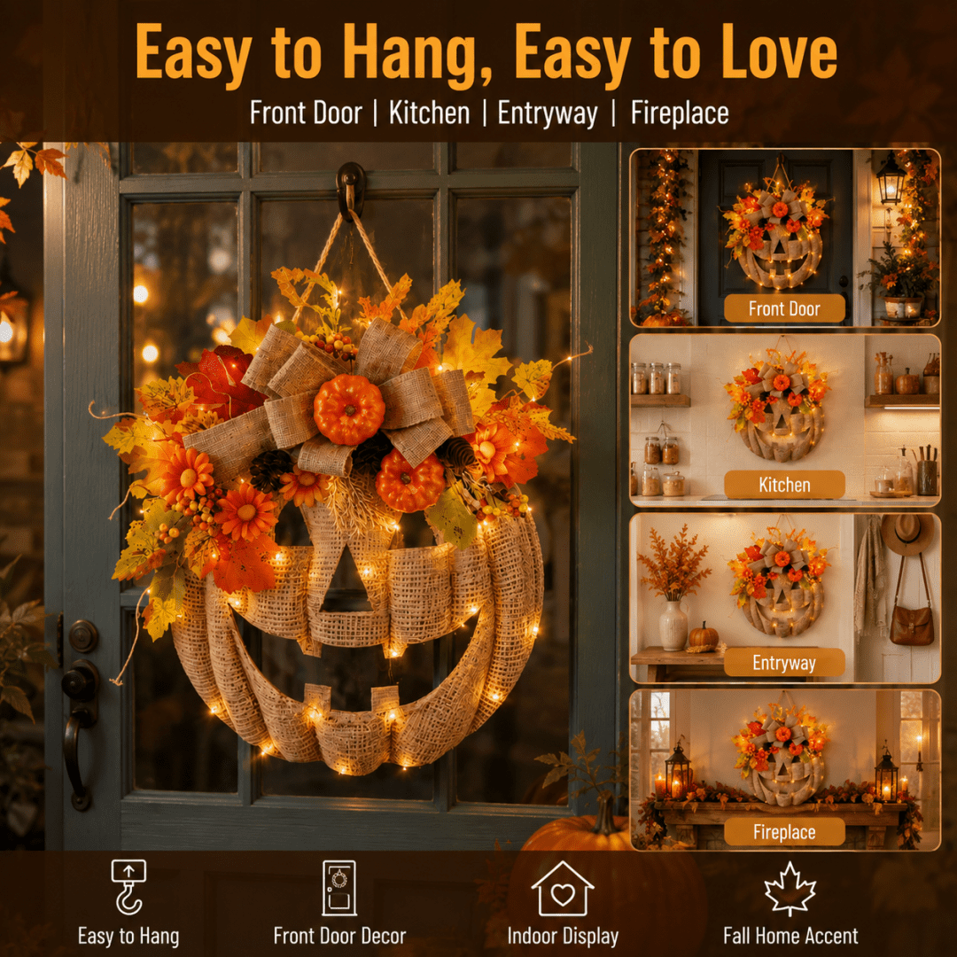 Lighted Burlap Pumpkin Wreath with Remote Control 🎃✨ Cozy Fall Door Decor with 8 Light Modes & Warm LED Glow Halloween Decor