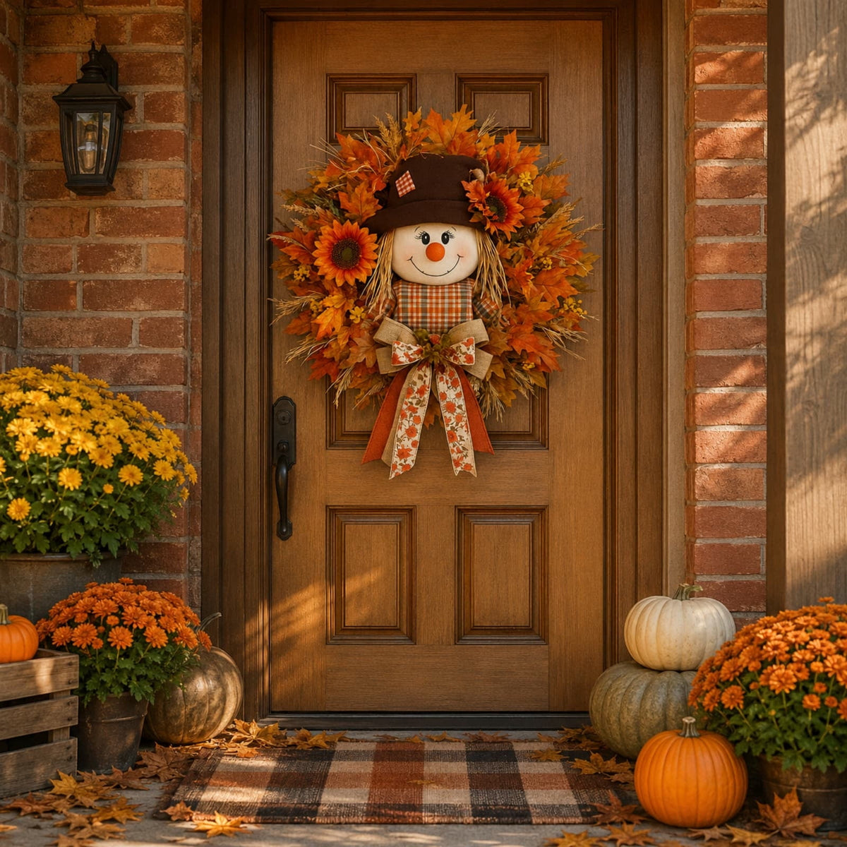 ICQOVD Halloween Pumpkin Maple Leaf Wreath with Skeleton Ornament Orange Black Bow Front Door Hanging Fall Home Decoration 15.75*15.75*3.15IN