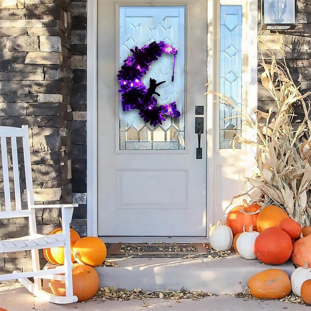 Wiher Halloween Wreaths Decor with Lights for Front Door, 13.77" Halloween Moon Wreath with Black Cat Wood Wreath Halloween Wreath Horror Decorations for Home Party Window Wall Indoor Outdoor B