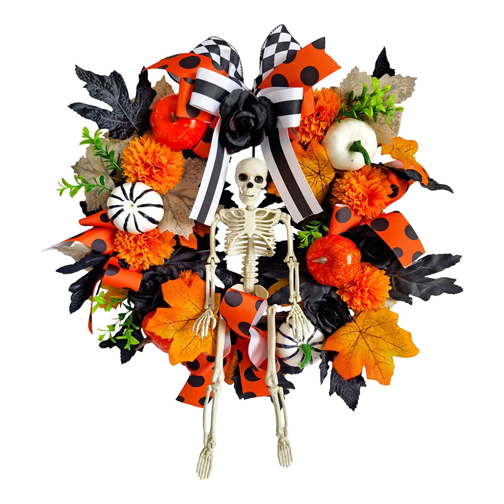 ICQOVD Halloween Pumpkin Maple Leaf Wreath with Skeleton Ornament Orange Black Bow Front Door Hanging Fall Home Decoration 15.75*15.75*3.15IN