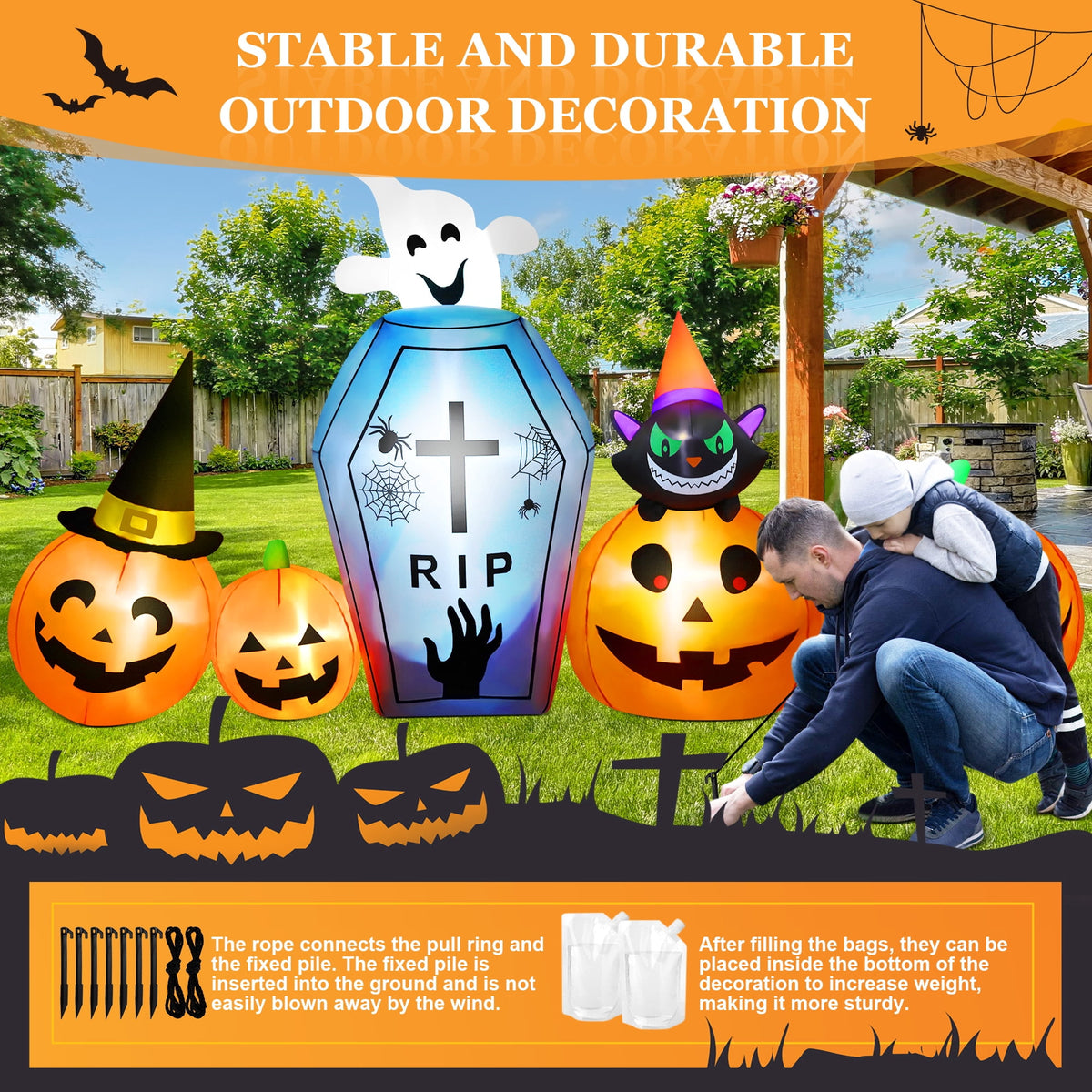 Yexmas 10ft Halloween Inflatable Pumpkins Outdoor Decor with Black Cat Tombstone and Spectre,Built-in LED Lights,for Halloween Party,Yard,Garden,Lawn