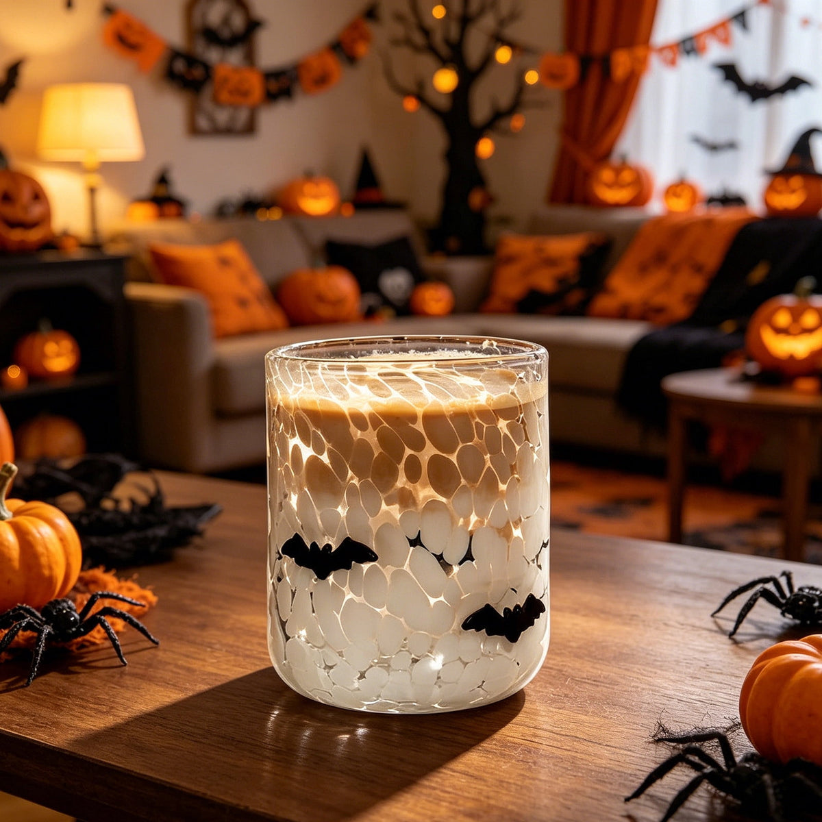 Qocolcyl Halloween Icon Glass Cups - 3.5x4.7in Ghost Bat Snake Pumpkin Icon Juice Stemless Wine Glasses Double Old Fashioned Hand Blown Drinking Cups for Halloween Party Gift