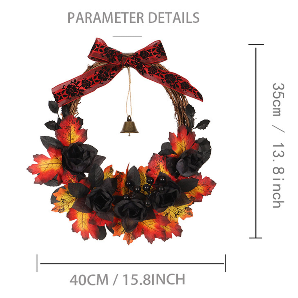 Halloween Wreaths for Front Door,16 inch Black Rose Halloween Wreaths with Lights Berry Maple Leaf Small Bell,Scary Halloween Home Decoration for Indoor,Outdoor,Wall Window,Porch,Garden,Home,Party