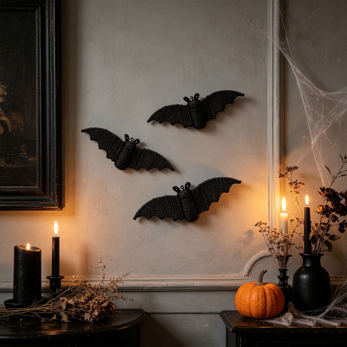 Black Rattan Wall Decoration, Halloween Wicker Bat Art, Indoor and Outdoor Festive Decor, Durable Plastic Material