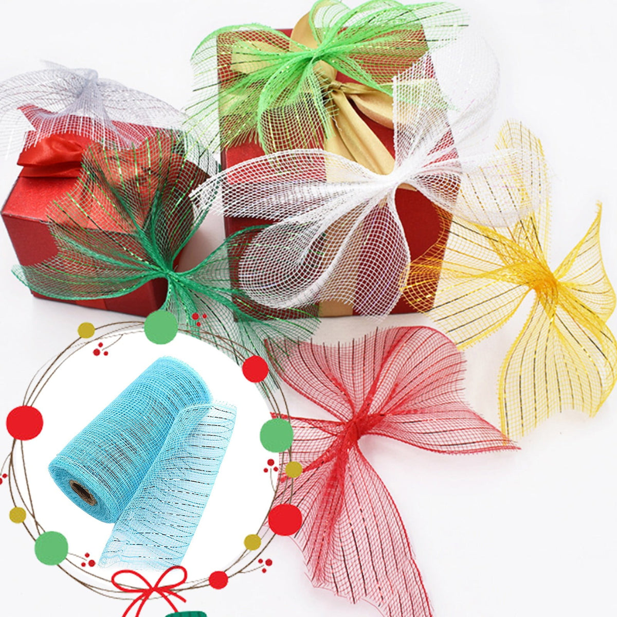 15cm x 10 Yard Poly Decorating Mesh Ribbon with Metallic Foil Each Roll for Wreaths, Swags Bows Wrapping and Decorating Projects-1 Roll