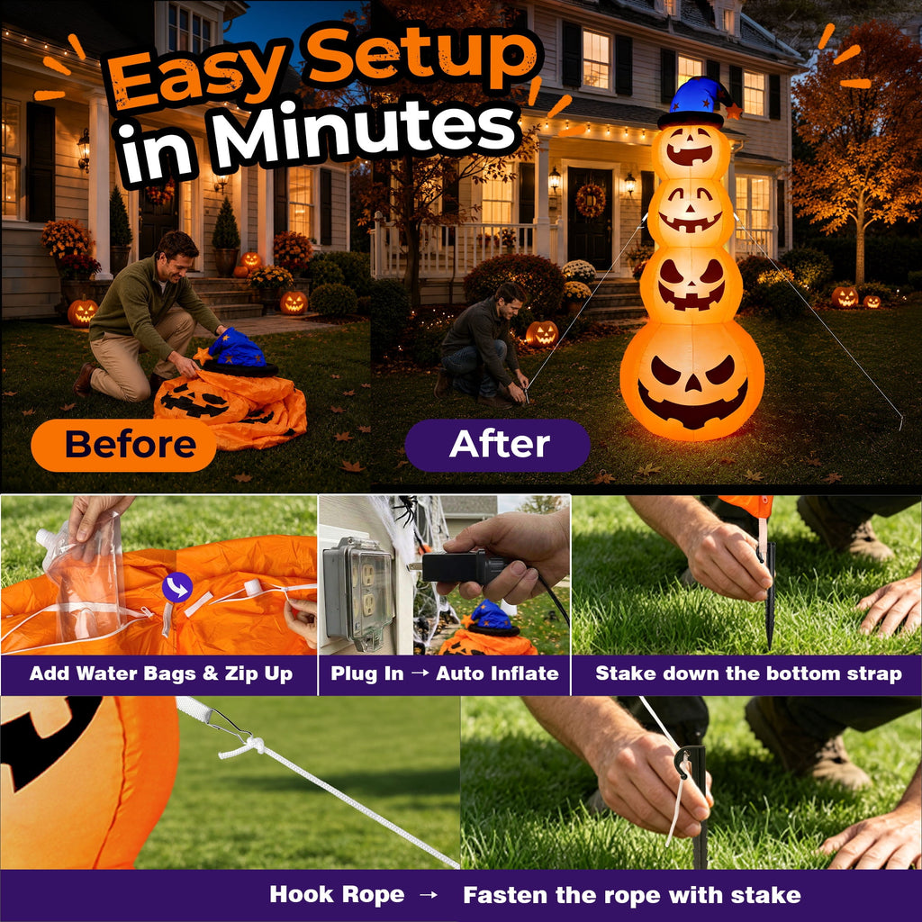 Goosiay 8ft Halloween Inflatable, Stacked Pumpkins with Witch Hat and Built-in LED Lights, Outdoor Blow up Yard Decor for Lawn, Garden, Porch and Halloween Party, Orange
