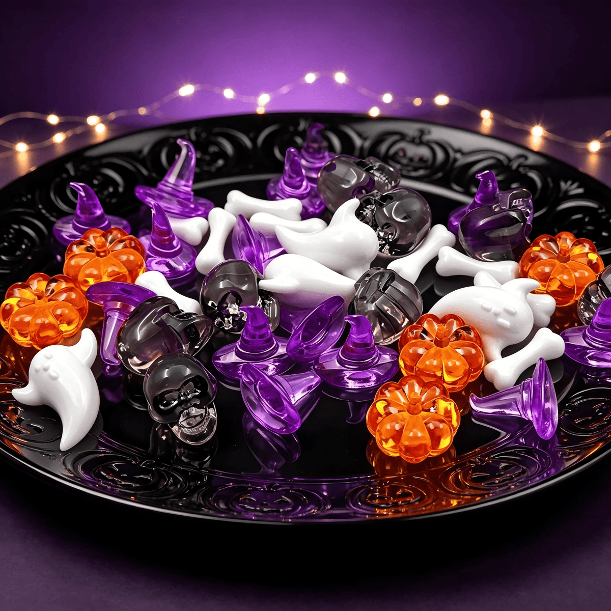 SINKOO Halloween Decor Vase Fillers, Mini Acrylic Skeleton Ghost Skull Witch Hats Pumpkin for Halloween DIY Crafts Home Table Scatters, About 110 pcs