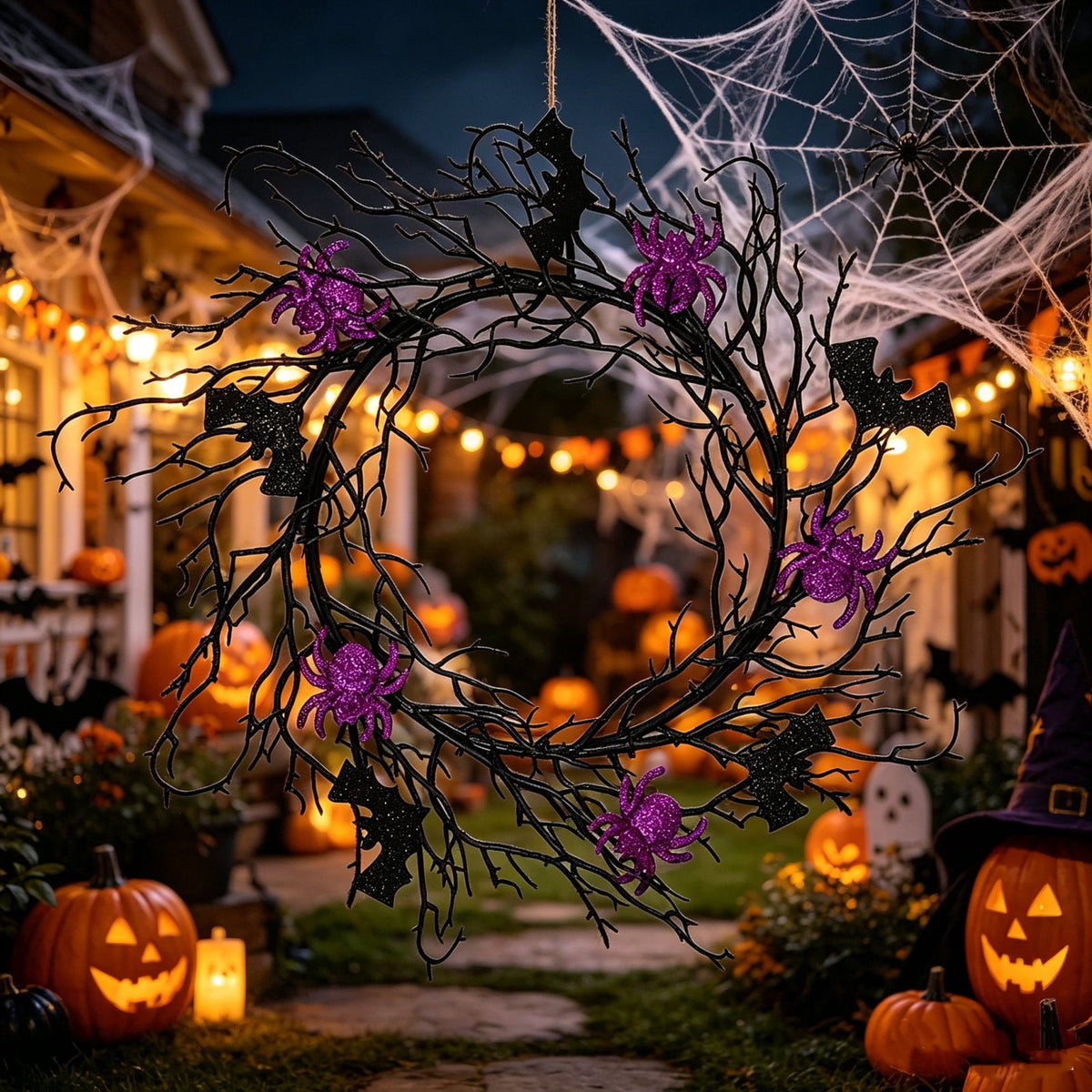 17" Halloween Wreaths for Front Door,Black Bats and Purple Spider Wreath,Spooky Gothic Outdoor Halloween Decoration For Halloween Party,Outdoor/Indoor Porch,Home Holiday Decor