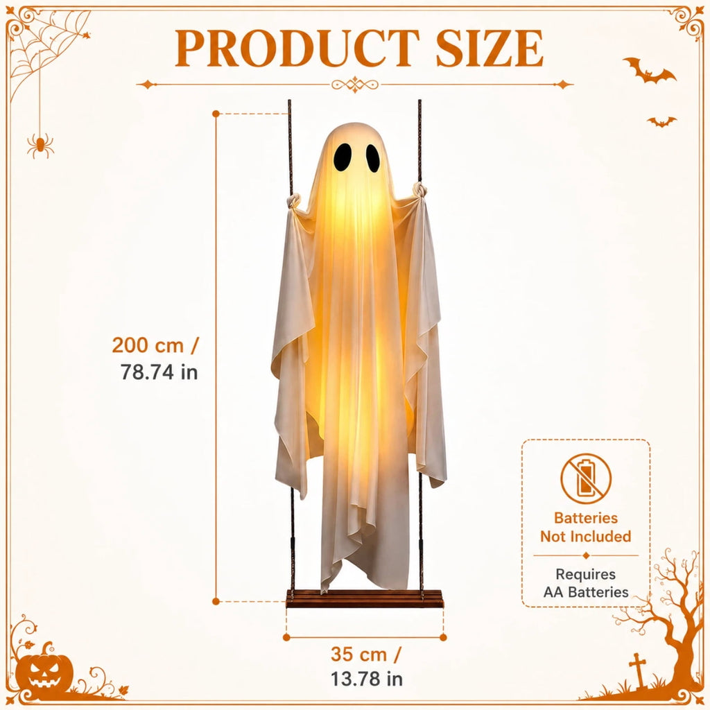 Light Up Swinging Ghost Outdoor Decor, 6.56FT Pre-Assembled LED Hanging Ghost on Swing with Remote Control, Halloween Decorations Outdoor for Porch Yard Tree