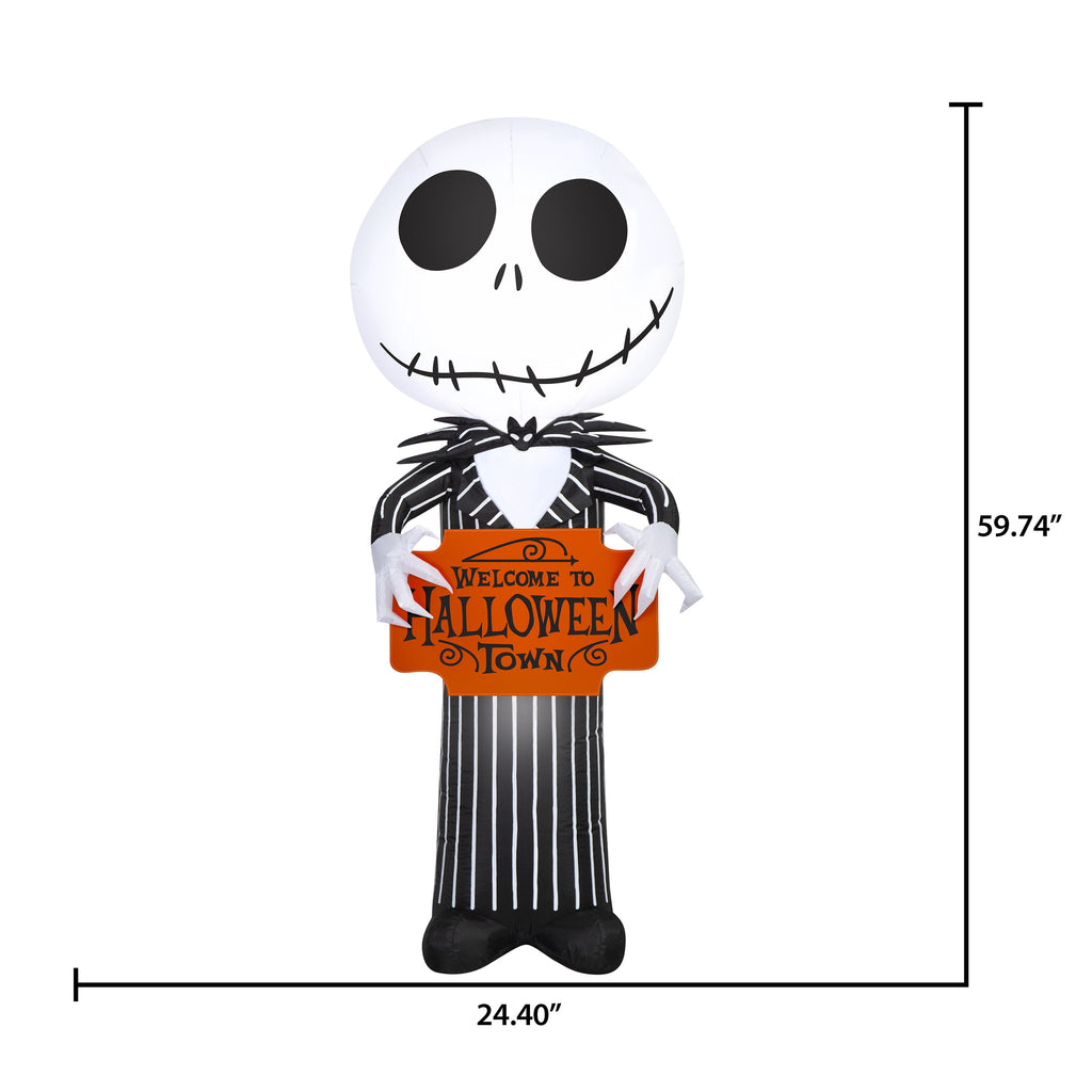 Airblown Halloween Yard Inflatables Light Jack Skellington with Welcome to Halloween Town Sign Disney, 5 ft