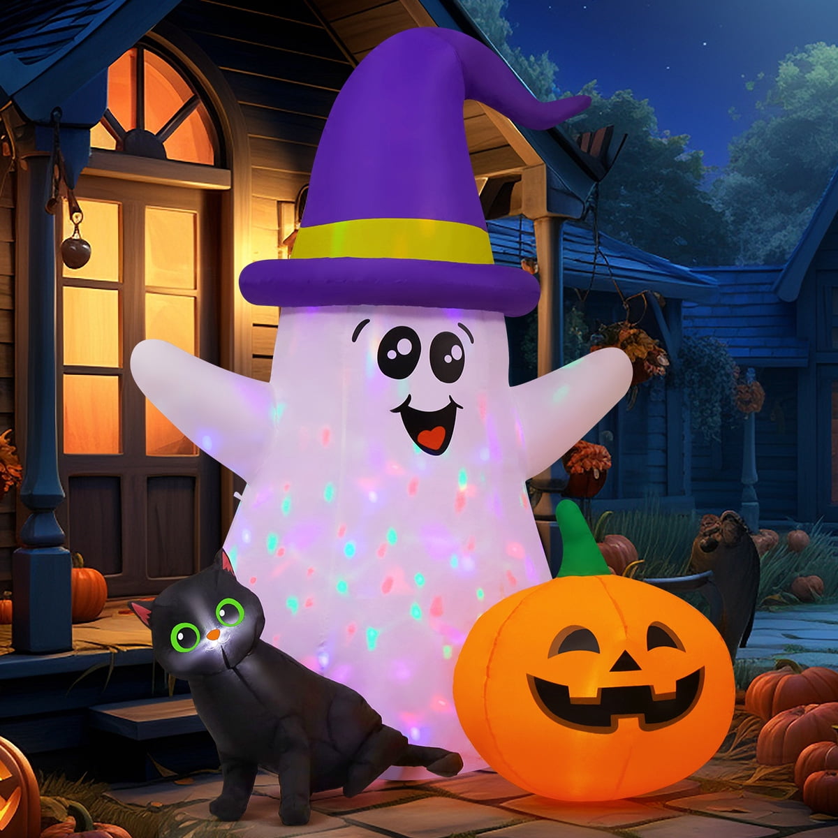 GOOSH Halloween Inflatables 5 FT Inflatable Ghost with Built-in LEDs, Ghost Blow up Halloween Ghost Inflatables with Black Cat Pumpkin, Outdoor Halloween Decorations for Holiday Party Indoor Outdoor