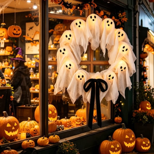 Halloween Decorations Outdoor Cute Ghost Wreath, Halloween Decor Indoor, For Front Door Porch Window Wall