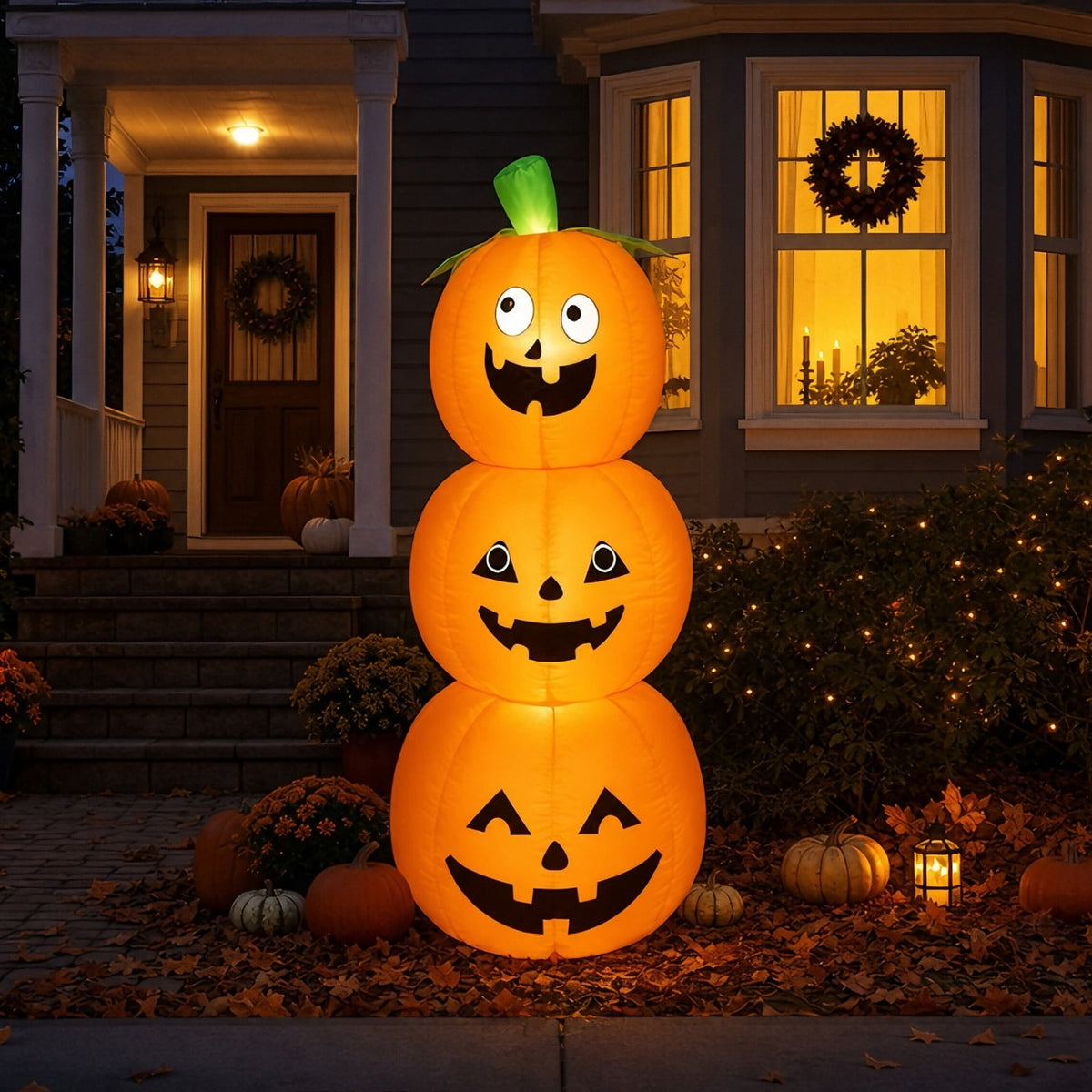Halloween Inflatables Outdoor, 8FT Long Cute & Lighted Blow Up Decoration Pumpkin Family with Witch Hat, Large Halloween Inflatables Decorations with Lights for Yard, Holiday, Home