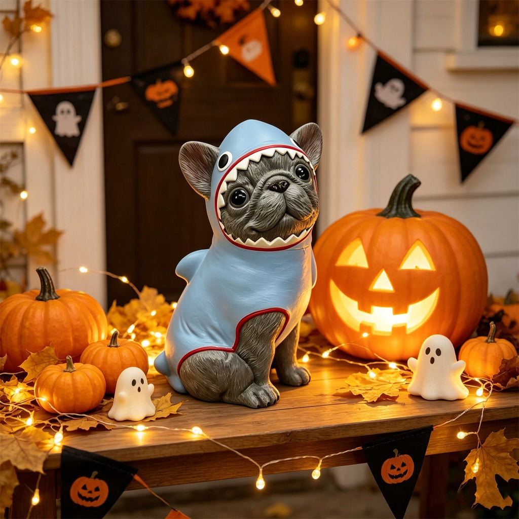 2026 New Halloween Light‑Up French Bulldog Figurine, Shark Outfit Dog Statue with Glowing Pumpkin, Waterproof Resin Table Holiday Decorations, Cute Spooky Halloween Decorations for Porch Yard Home