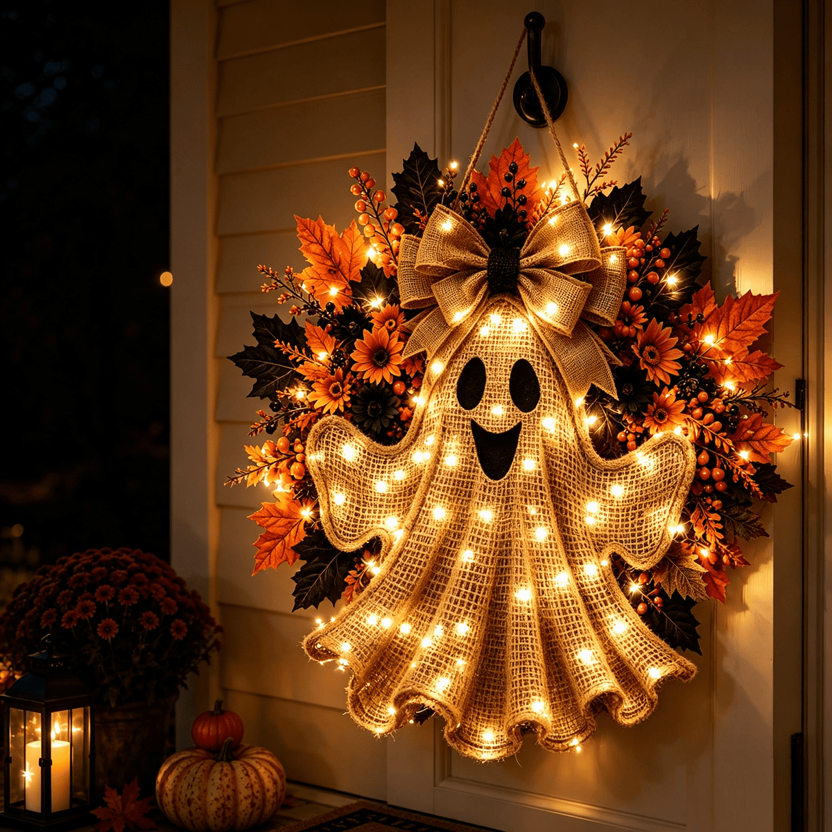 LGHDIWN Lighted Ghost Hanging Wreath for Front Porch, Halloween Door Decor with Spooky Design, Covered Porch Wall Window Indoor Display, Glowing Accent, Halloween Decoration