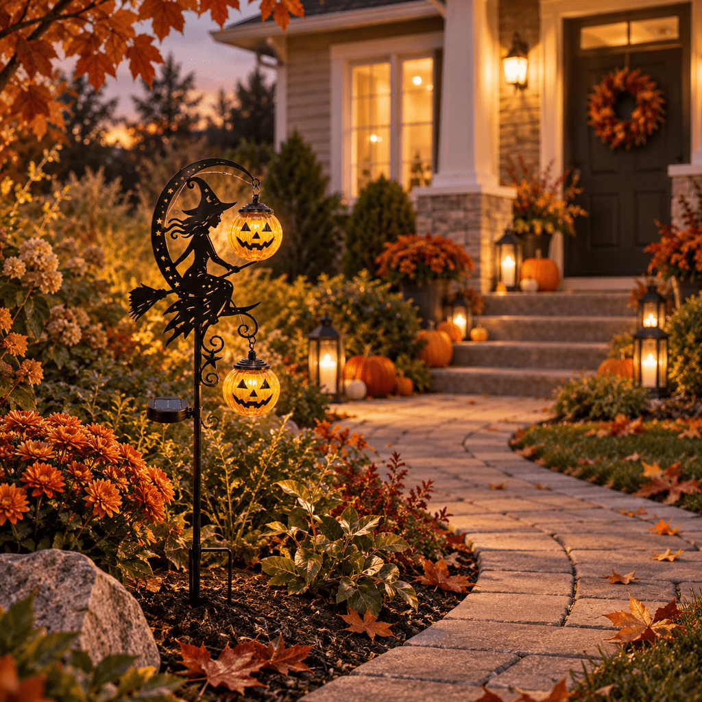 Halloween Crescent Moon Pumpkin Solar Stake Light, Star Hollow Cutout Ground Lamp, Anti Rust Halloween Decorations Party for Yard Walkway black