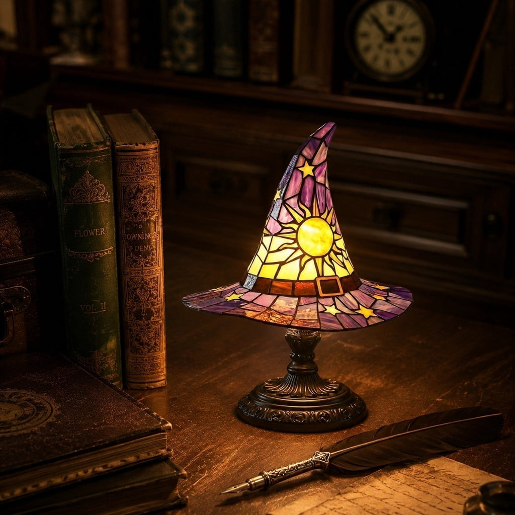 Stained Glass Witch hat lamp, 7" Halloween Gothic Mystic Room Decor Handcrafted Ceramic Phantom Figurine, USB Rechargeable LED Glowing Lantern for Bedroom Living Room Mantel Home Decor