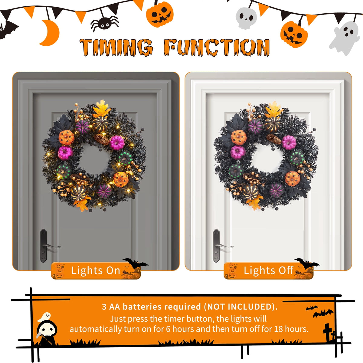 Halloween Wreath, Halloween Decorations Prelit Front Door Wreath for Indoor Wall Window Decor（18/20/22 Inch）