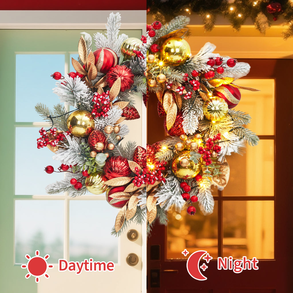 JoanKaren 24 inch Large Christmas Wreath Silver White with 20 LED Lights,Prelit Xmas Wreath w/ Ball Ornaments Pine Cone