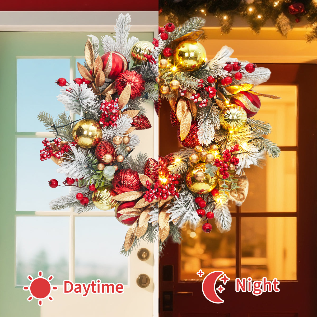 JoanKaren 24 inch Large Christmas Wreath Silver White with 20 LED Lights,Prelit Xmas Wreath w/ Ball Ornaments Pine Cone