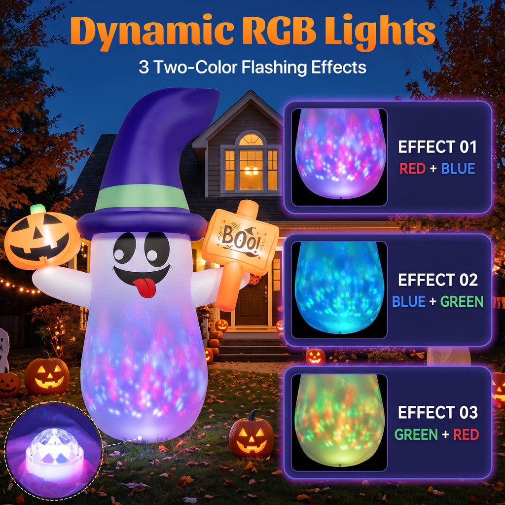 5ft Halloween Inflatable Ghost with Rotating Colorful LED Lights, Blow Up Ghost with Pumpkin & Boo Sign, Outdoor Halloween Yard Decoration for Lawn, Porch, Front Yard