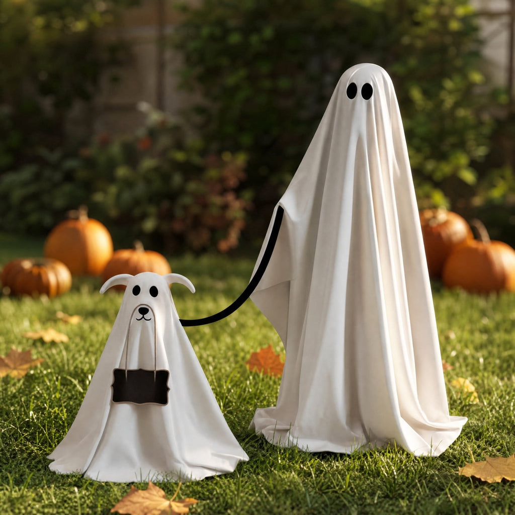 Light Up 2.1 Ft Ghost Walking Dog 2 Pcs, Halloween Ghost Decoration, Adjustable Standing Porch Yard Lawn Decor, Modern Farmhouse Halloween Yard Decor (A)