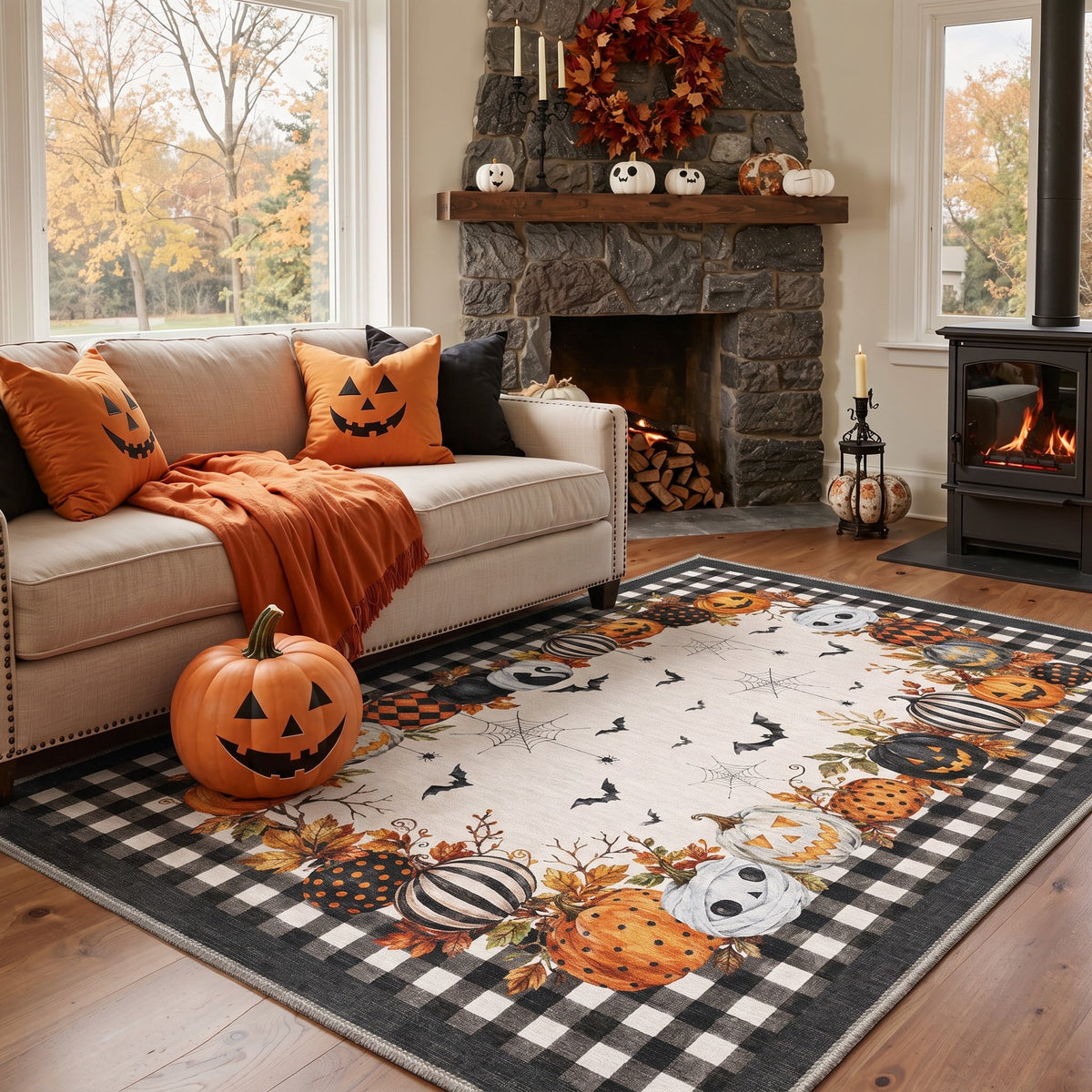 KUETH 3'x5' Halloween Machine Washable Area Rug, Non-Slip Rugs for Living Room, Bedroom and Dining Room, Orange