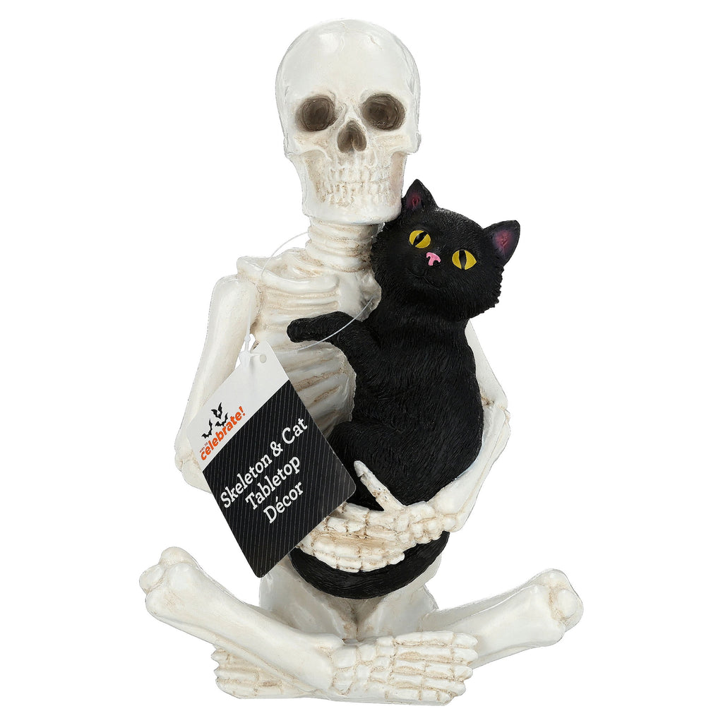 Skeleton and Cat Decoration, Black and White, 8.8", Halloween by Way To Celebrate