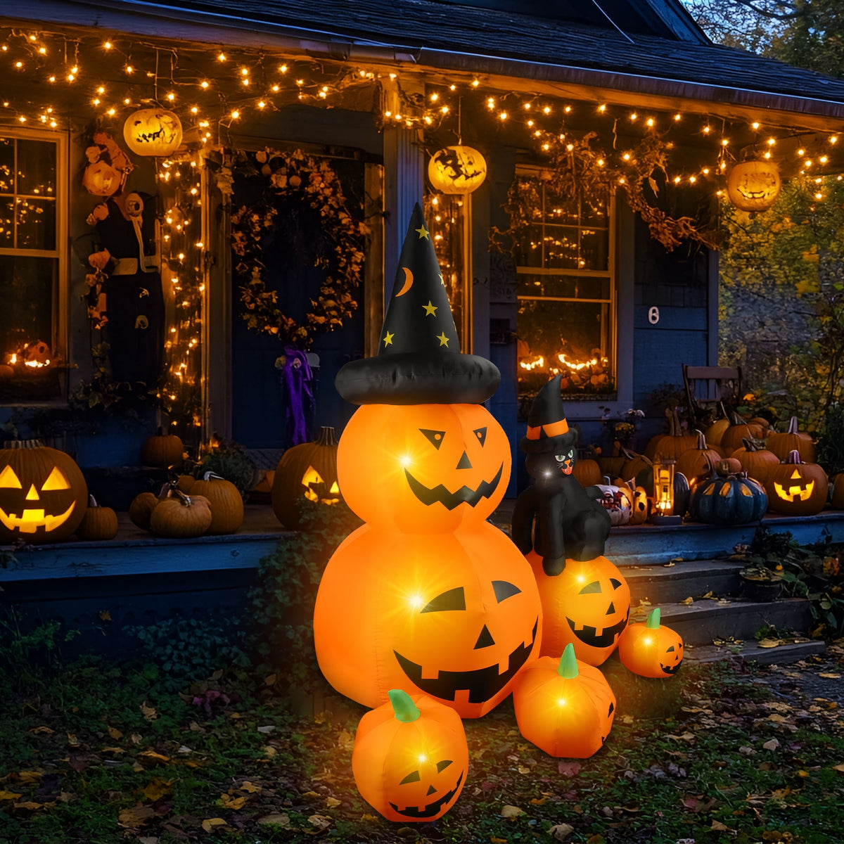 MAGOTAN 8 ft Halloween Inflatable Pumpkin Halloween Inflatable Pumpkins Ghost Tombstone Outdoor Yard Decoration Build-in 7 LED White Lights
