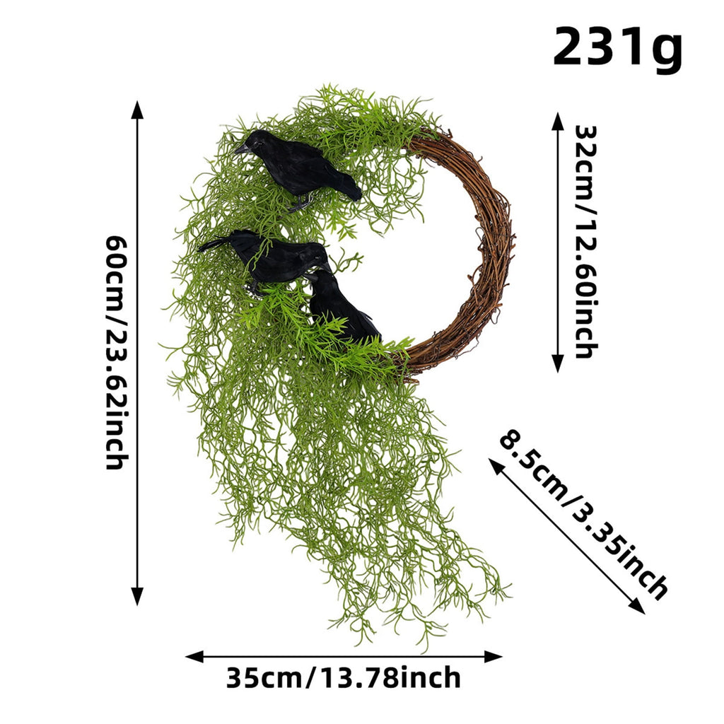 Halloween Crow Wreath with Artificial Greenery, Door Decoration for Home Indoor Outdoor Party,Halloween Christmas Decorations,13.78 inch