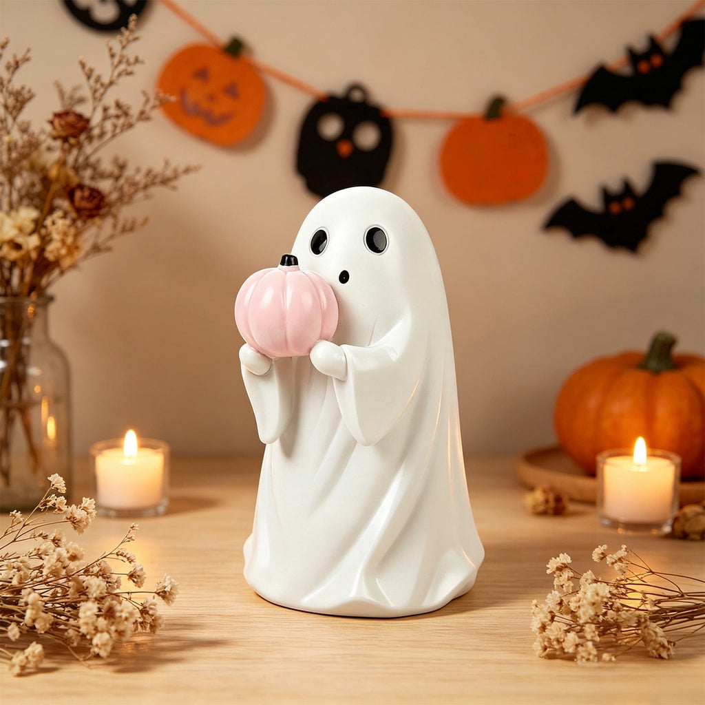 Halloween Ghost Figurine, Ghost Girl with Pink Bow & Hot Drink, Funny Ghost Statue Halloween Decor for Gift, Cute Spooky Tabletop Ornament for Home, Mantle, Desk & Party Decoration