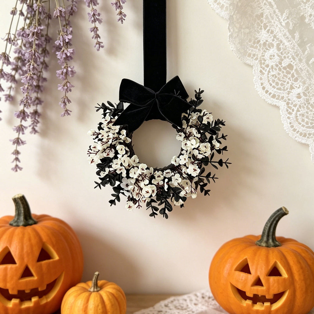 FXMLRLK 1 Pack Halloween Cabinet Wreaths with Ribbon Bows Artificial Flowers Kitchen Wreath for Window Front Door Farmhouse Wall Halloween Decorations, Blue