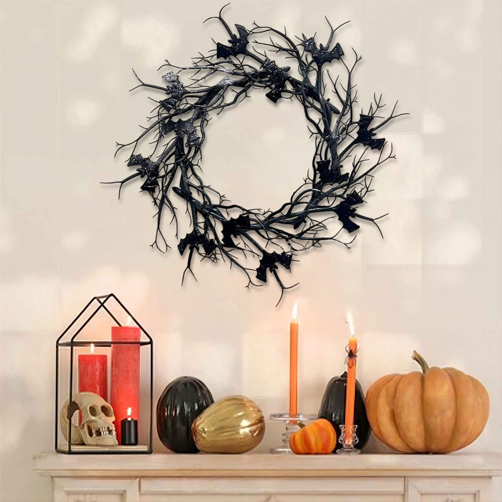 Halloween Wreath, Black Twig Wreath for Front Door, Artificial Spooky Branch Decor for Indoor Outdoor Home Party, Wall Hanging Ornament