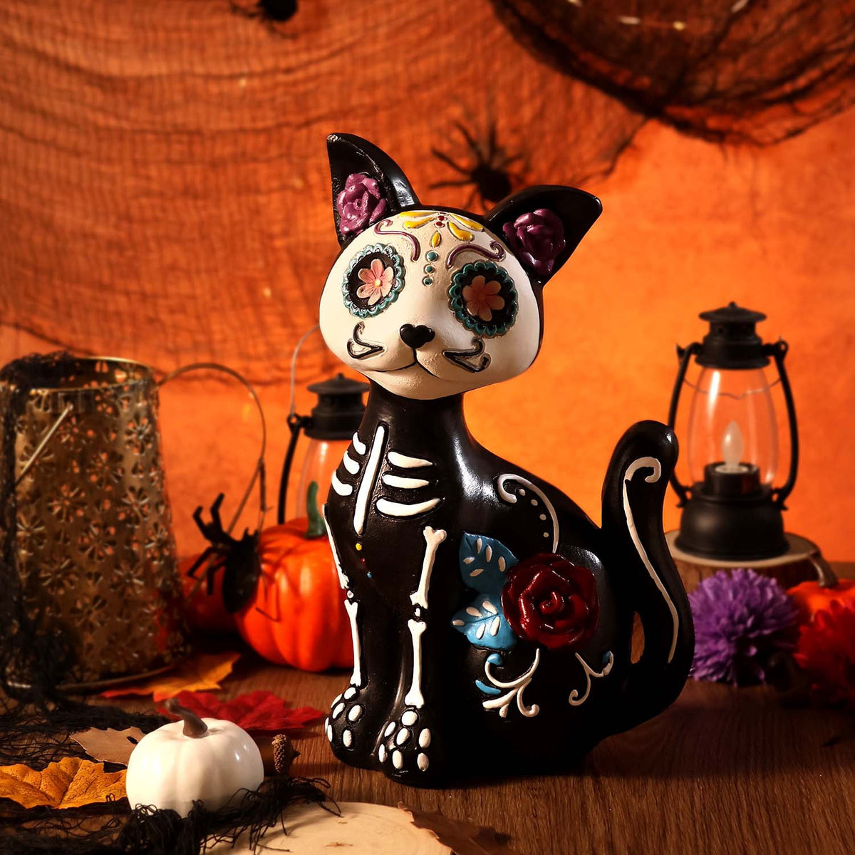 Ayieyill 2pcs Halloween Cat and Skeleton Figurines Vintage Halloween Black Cat Decor Halloween Table Decorations