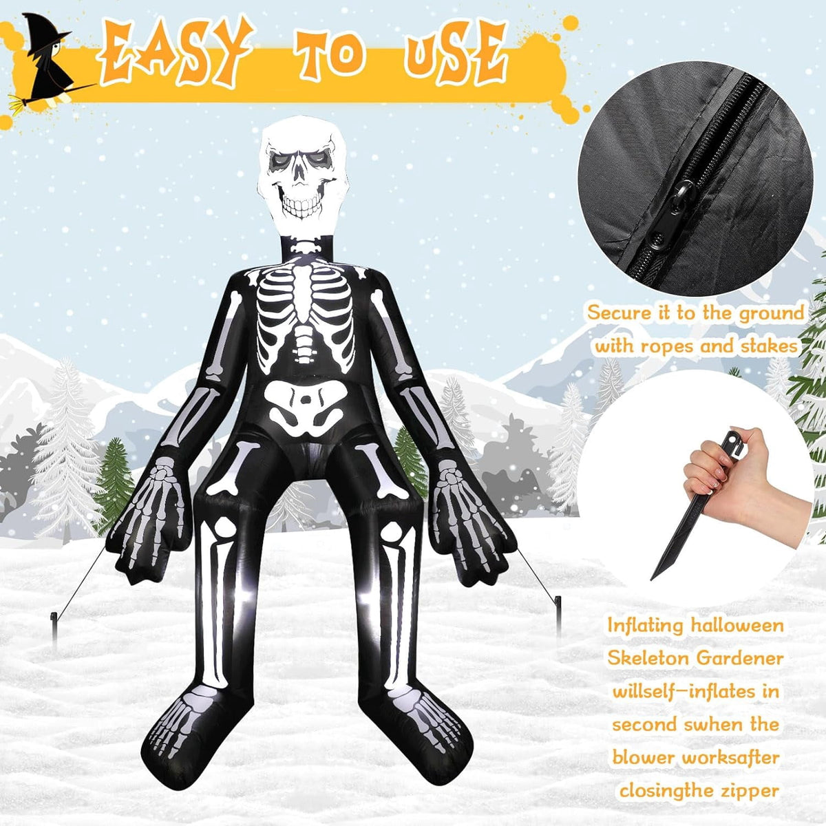 Halloween Inflatables Outdoor Decorations, 10.5ft Sitting Skeleton Halloween Outdoor Inflatables Decorations Skeleton Blow Up Built in Lights Air Pump for Halloween Party Yard Garden Party Supplies