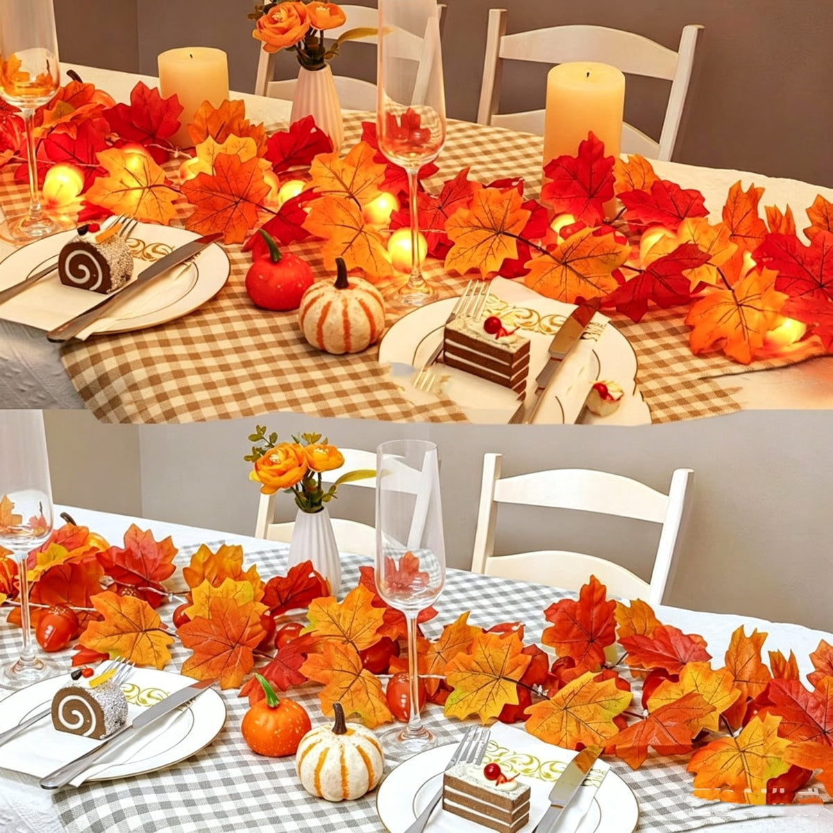 SPOORYYO 2Pcs Fall Maple Leaves Stems for Vase, Artificial Autumn Fake Leaves Decor, Maple Leaf Bushes Shrubs for Thanksgiving Halloween Home Farmhouse Table Centerpiece, 12.99" x 7.87"