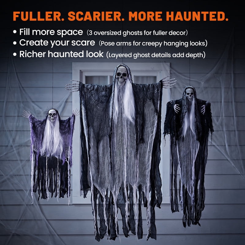 DUNCHATY 3 Pack Hanging Ghosts – 38" & 50" & 58" Outdoor Halloween Decorations with Poseable Arms for Yard, Tree, Porch & Haunted House