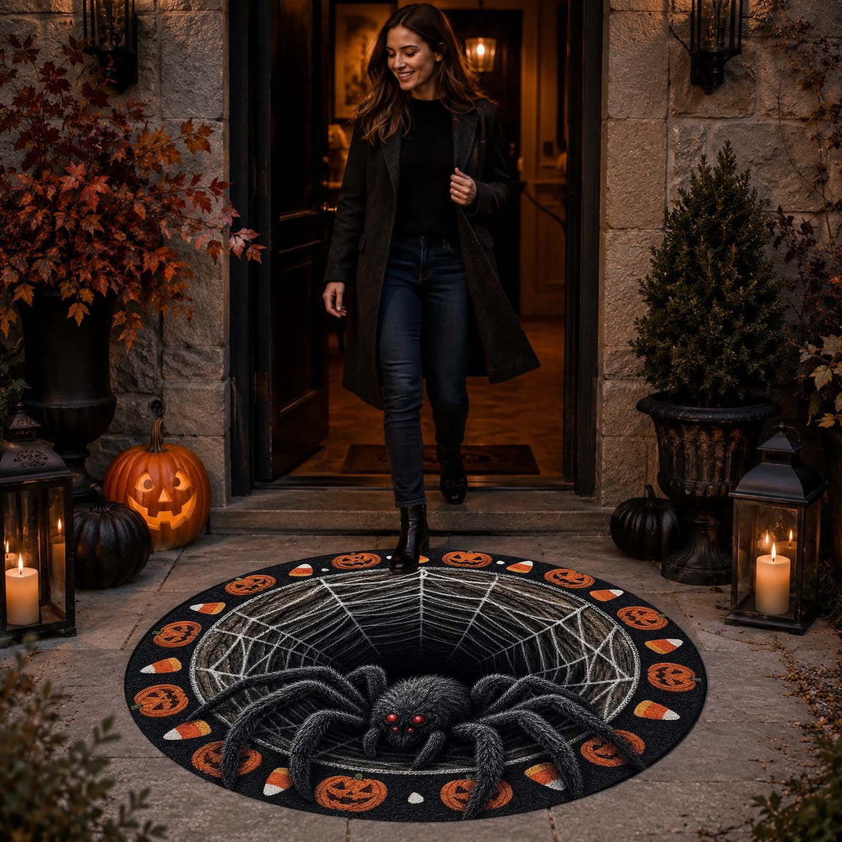 Win s Way 3D Illusion Round Halloween Rug Optical Illusion Doormat Non- Washable Entryway Decor Spooky Fall Front Door Mat for Party Decoration Available in 15.8/23.6/31.5 Inch