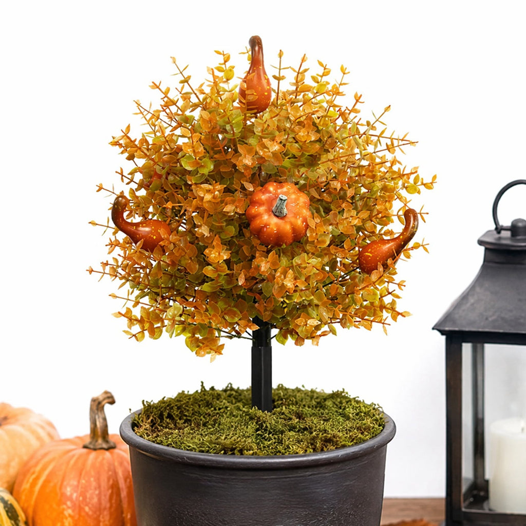 Fall Harvest Pumpkin Eucalyptus Stake, 22 Inch Artificial Halloween Outdoor Decoration, Plastic Floral Arrangement for Garden Pathway Yard