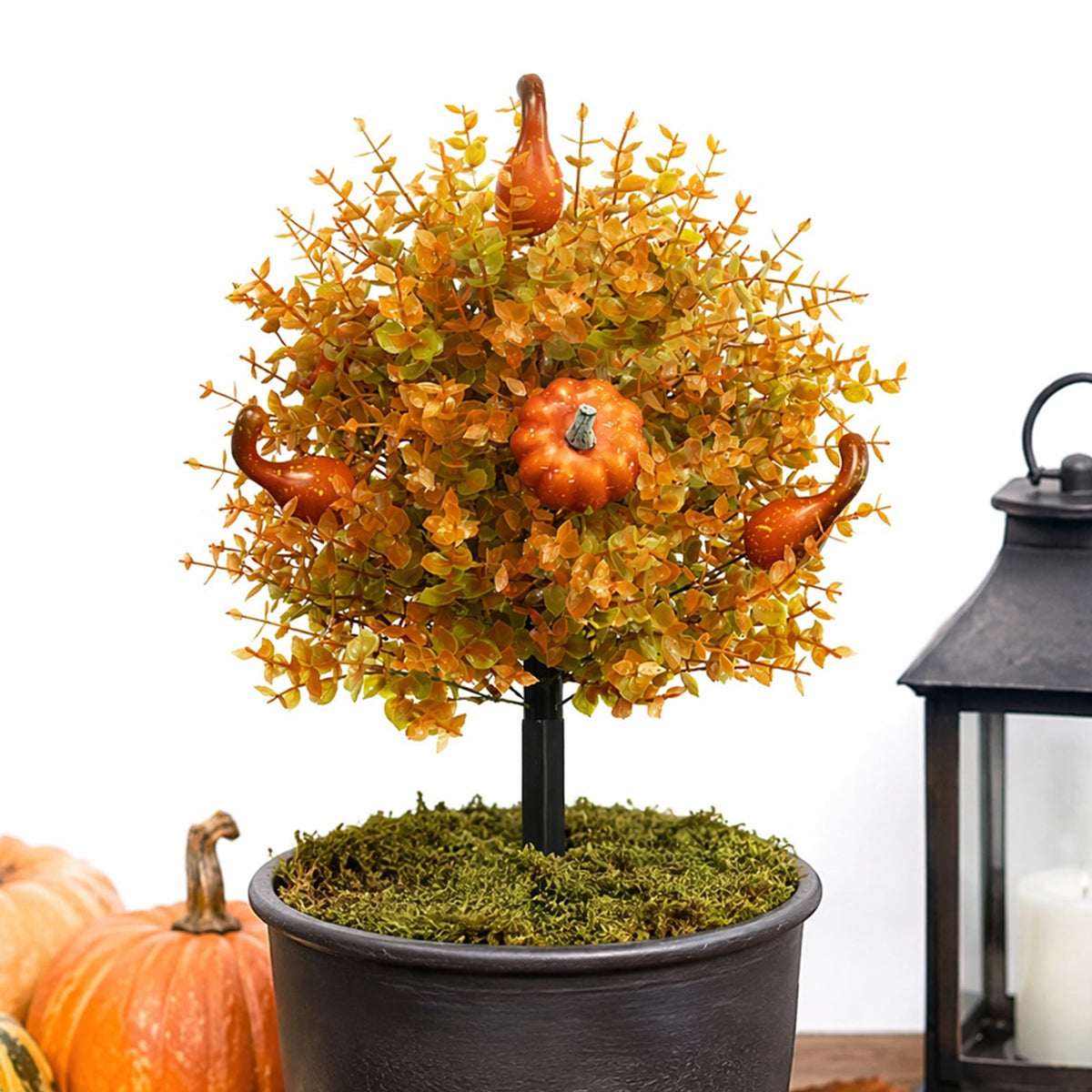 Fall Harvest Pumpkin Eucalyptus Stake, 22 Inch Artificial Halloween Outdoor Decoration, Plastic Floral Arrangement for Garden Pathway Yard