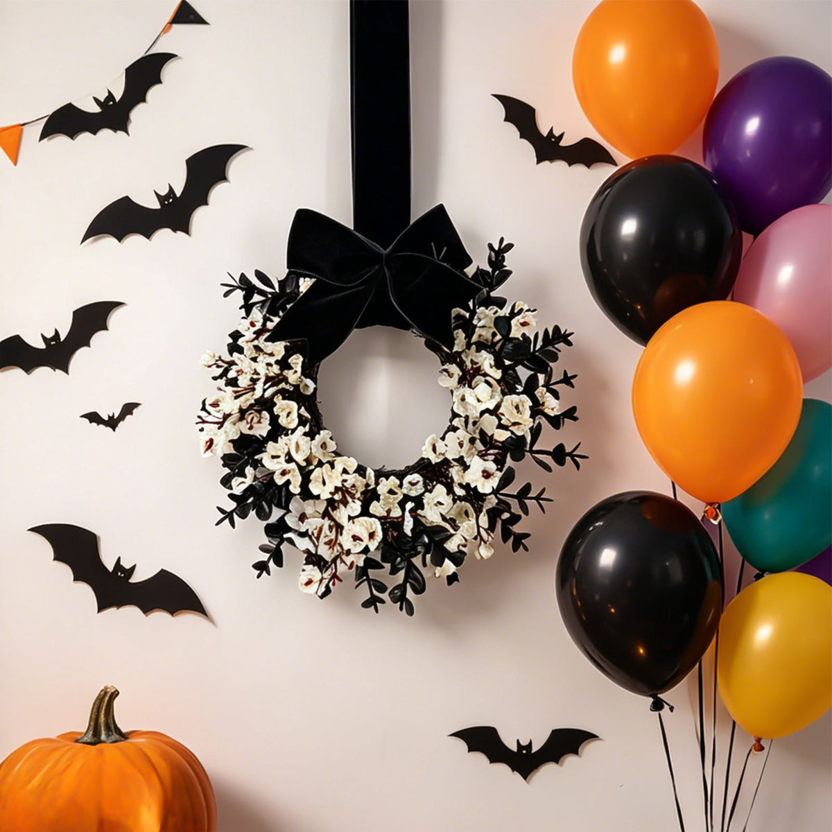Handcrafted Artificial Floral Front Door Wreath with Velvet Bow, Fall Halloween Decor, Circular Garland for Home & Porch, Seasonal Decoration, Festive Wall Ornament