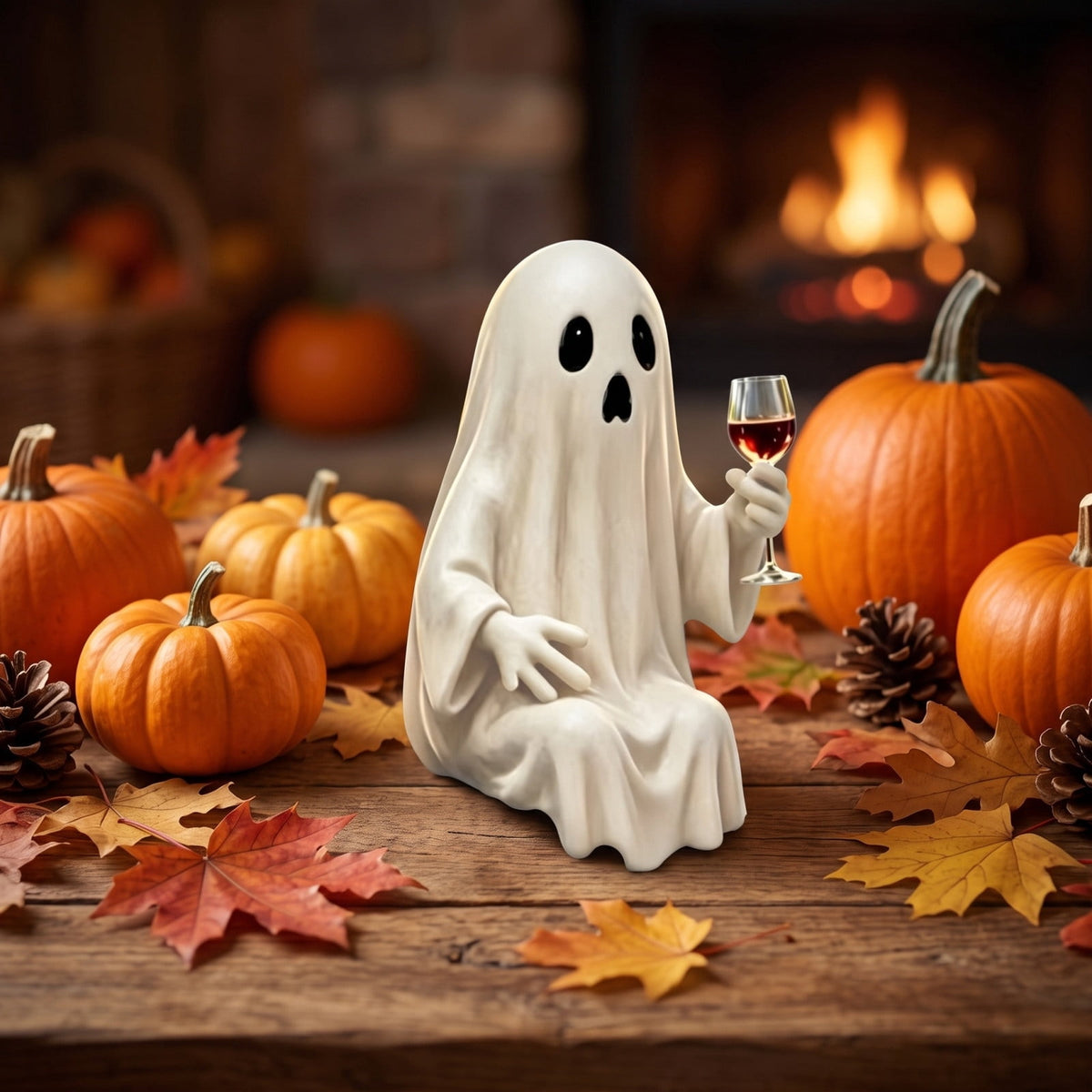 Halloween Ghost Figurine, Ghost Girl with Pink Bow & Hot Drink, Funny Ghost Statue Halloween Decor for Gift, Cute Spooky Tabletop Ornament for Home, Mantle, Desk & Party Decoration