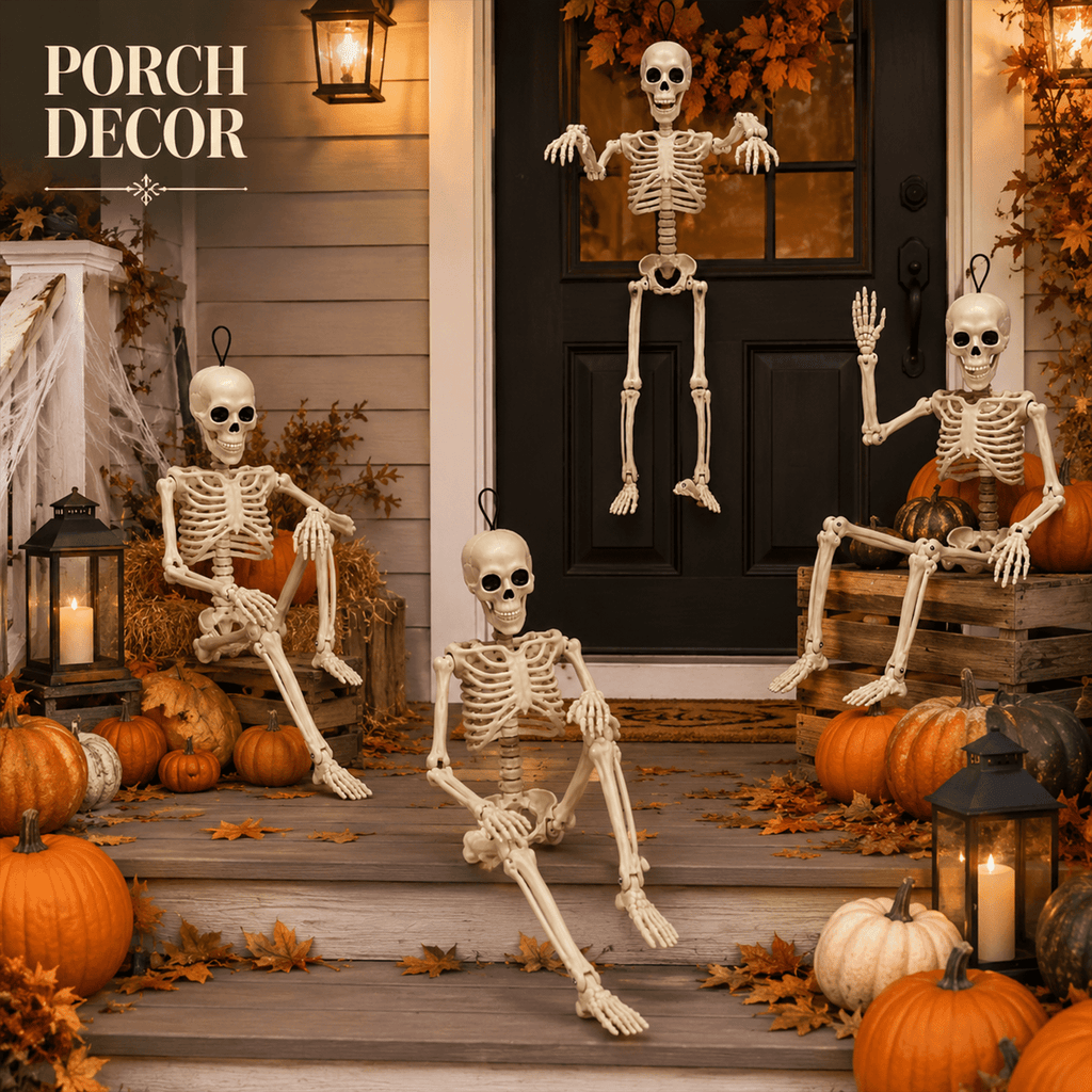 LOMYOLO 4 Pack Halloween Skeleton Decorations, 16 Inch Posable Hanging Skeletons with Movable Joints for Halloween Party, Haunted House, Graveyard, Yard, Porch, Indoor Outdoor Holiday Decorations